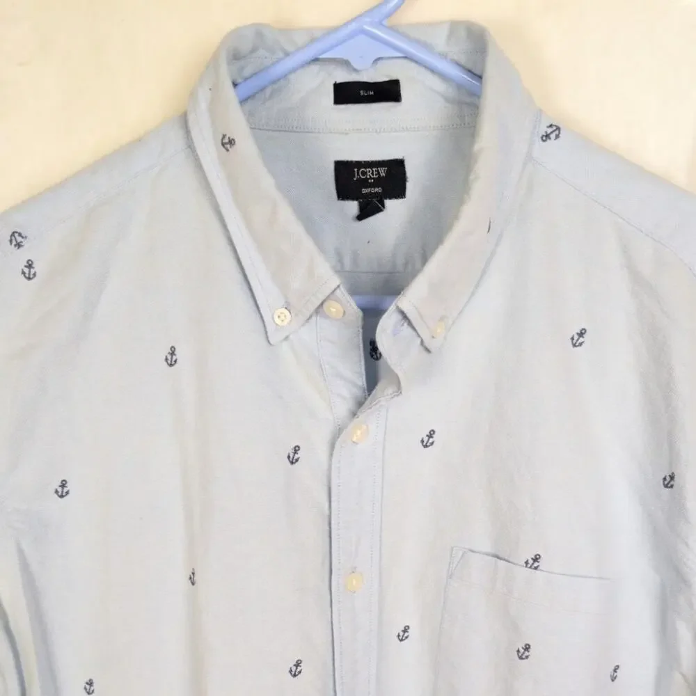 J.Crew Oxford Slim blue anchor print button up shirt Size XL Coastal Preppy